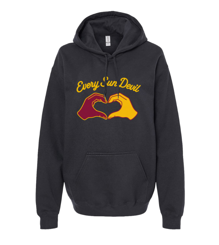Black hoodie with “Every ’n Dawn” text and a red-yellow heart hands graphic on the chest