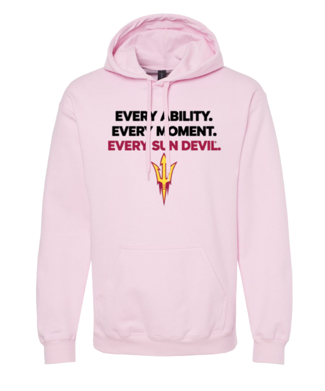 Light pink hoodie with black and pink “EVERY. ABILITY. EVERY MOMENT. EVERY. DEVIL.” text and a yellow pitchfork logo