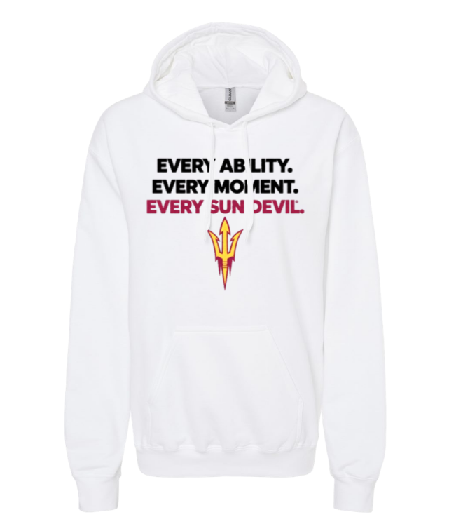 White hoodie with black and red text and a small orange logo on the chest