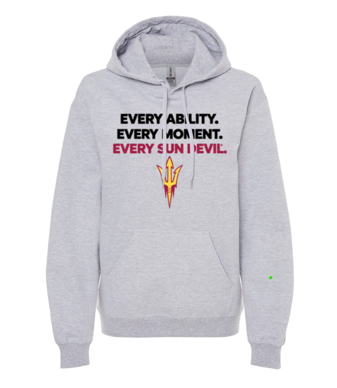 Gray hoodie with “EVERY ABILITY. EVERY MOVEMENT. EVERY S_UNTIVE.” text and yellow-red logo on the chest