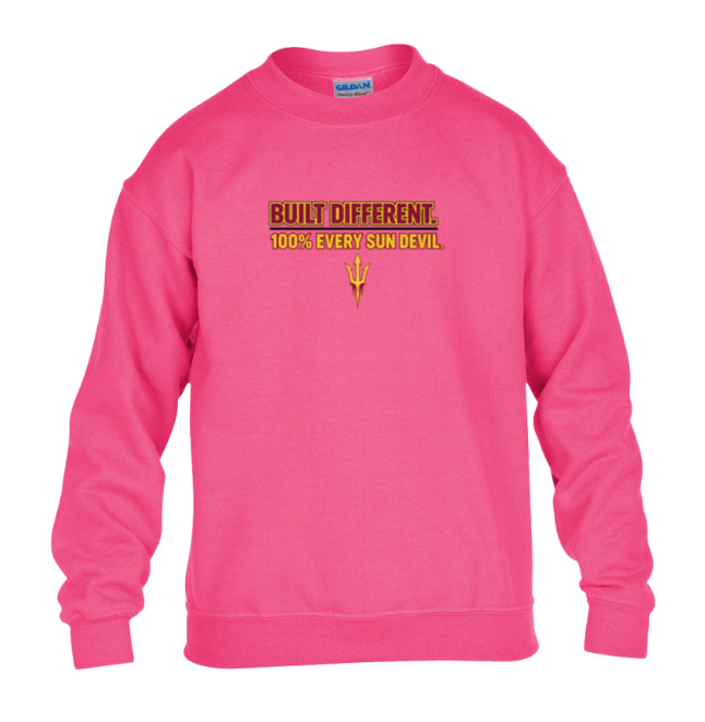 Bright pink sweatshirt with “Built Different” slogan printed on the chest.