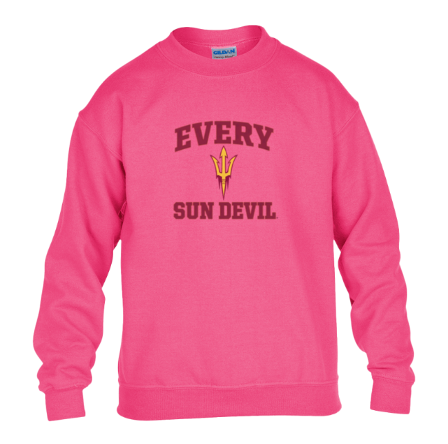 Pink sweatshirt with "EVERY SUN DEVIL" text and a pitchfork logo on the front