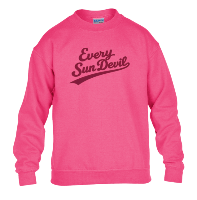 Pink crewneck sweatshirt with “Every Sun Devil” text on the front