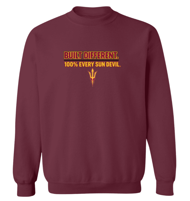 Maroon sweatshirt with small orange text graphic reading “Built Different 100% Every Sin Devil.”