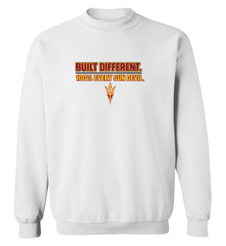 White sweatshirt with “BUILT DIFFERENT. 100% EVERY SIXTH DEVIL.” graphic on the chest