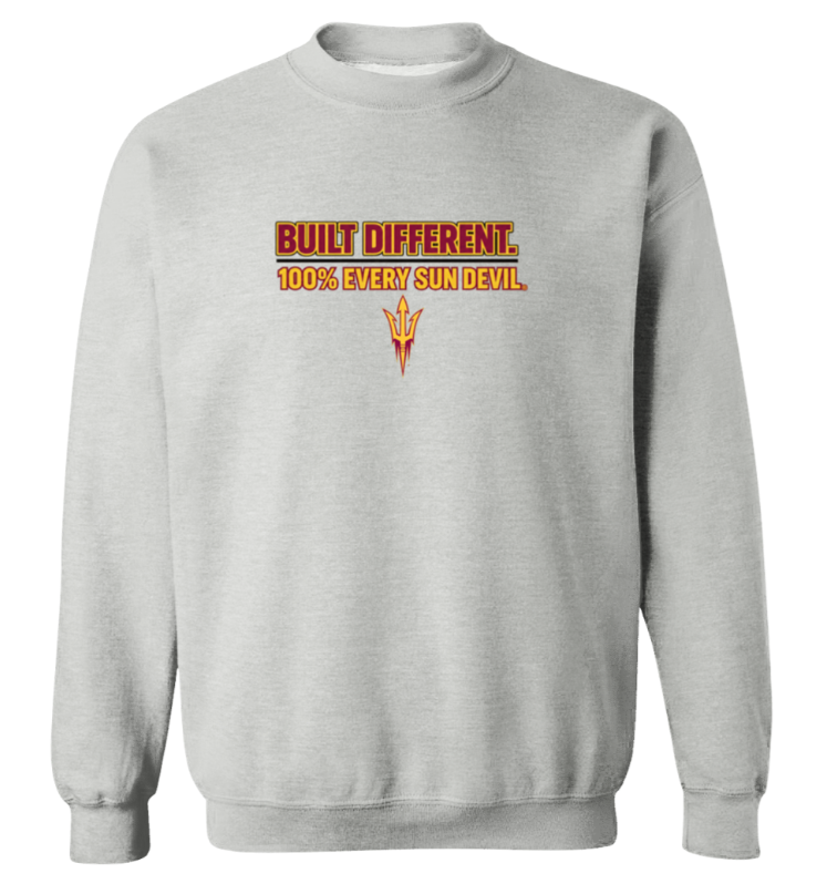 Light gray sweatshirt with orange-red “BUILT DIFFERENT. 100% EVERY GUN DEVIL” text and a small emblem on the chest