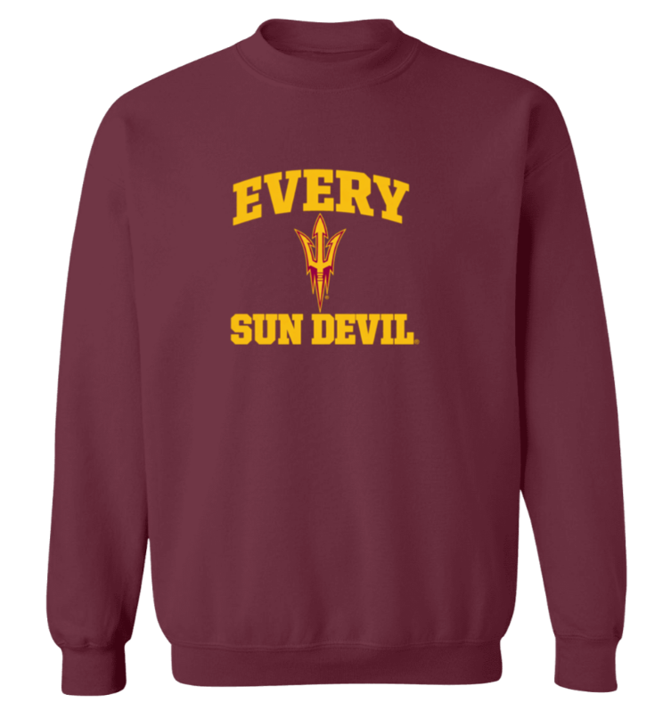 Maroon sweatshirt with yellow “EVERY SUN DEVIL” text and pitchfork logo