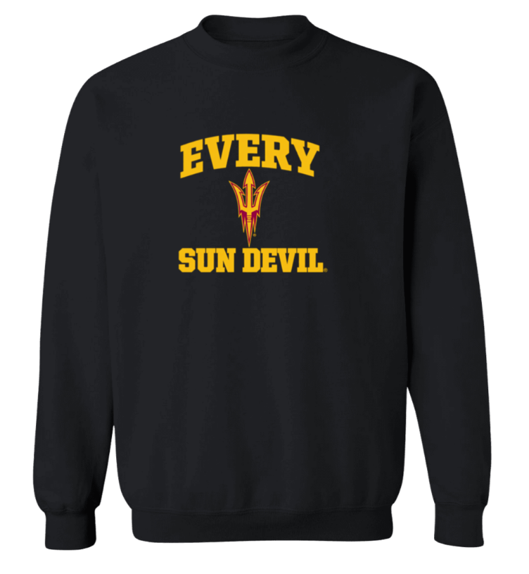 Black sweatshirt with gold "EVERY SUN DEVIL" text and Sun Devil logo on the front