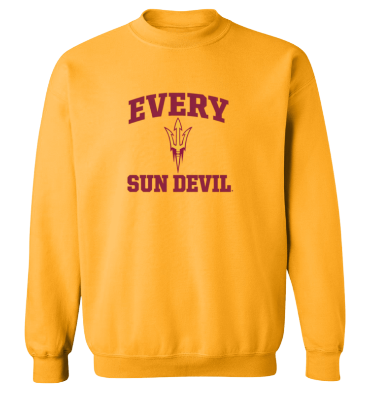 Golden yellow sweatshirt with maroon “EVERY SUN DEVIL” text and pitchfork logo.