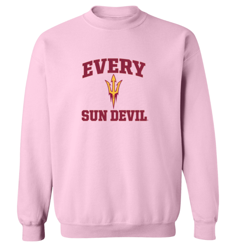 Light pink sweatshirt with “EVERY SUN DEVIL” text and a gold pitchfork logo on the front