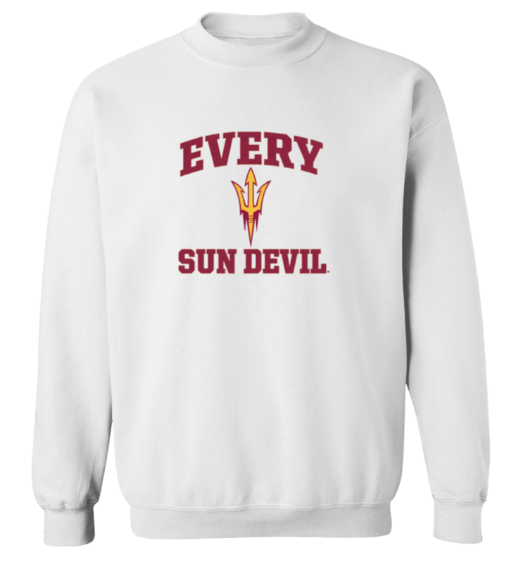 White sweatshirt with maroon “EVERY SUN DEVIL” text and a gold trident logo centered on the chest
