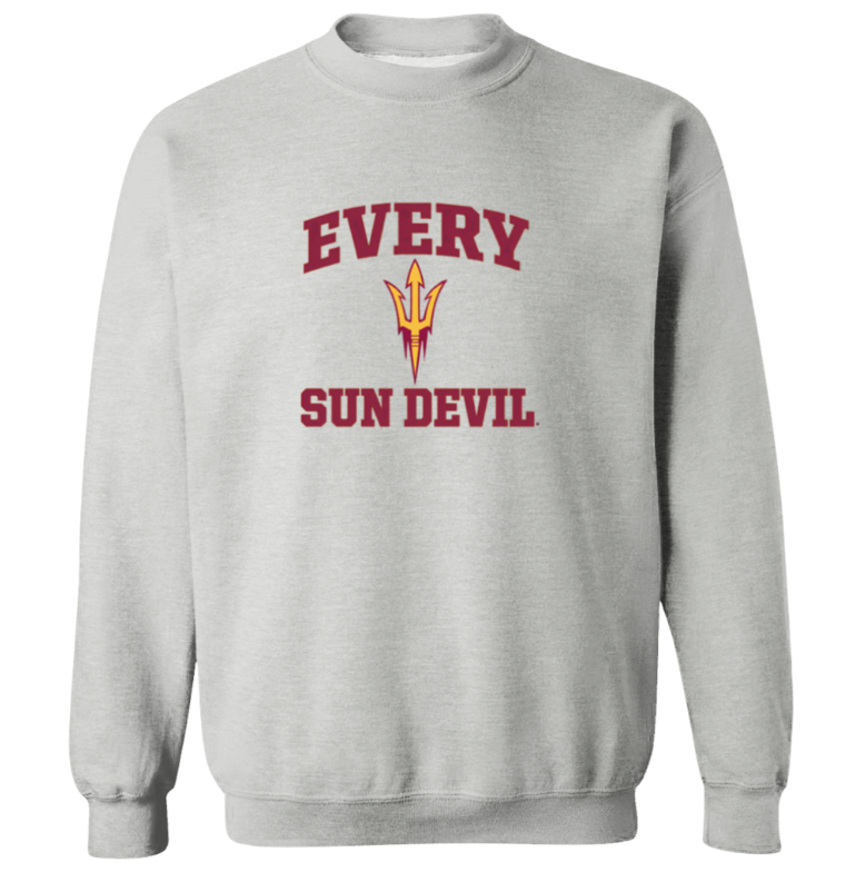 Gray sweatshirt with maroon “EVERY SUN DEVIL” text and a pitchfork logo on the front