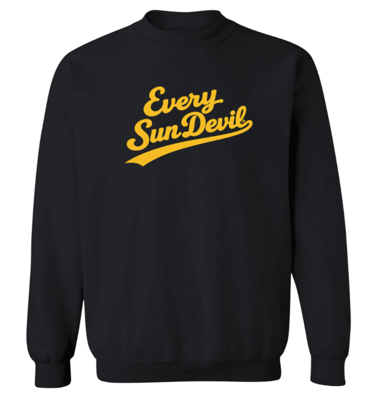 Black sweatshirt with yellow “Every Sun Devil” text logo on the chest
