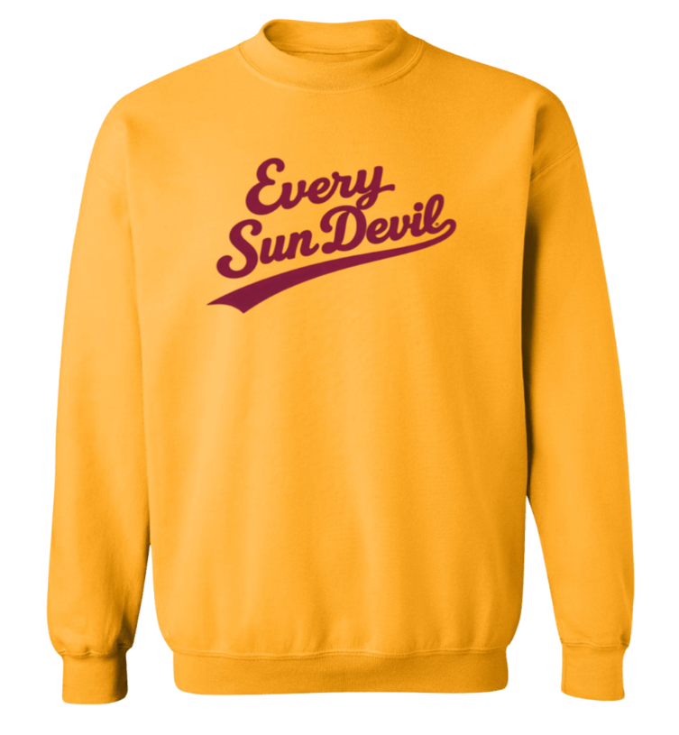 Gold sweatshirt with maroon “Every Sun Devil” text logo on the front