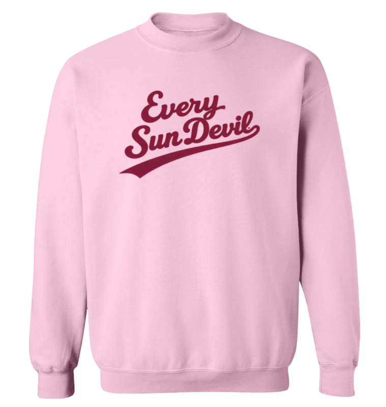 Pink sweatshirt with “Every Sun Devil” text logo on the front