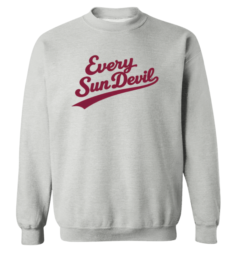 Gray crewneck sweatshirt with maroon “Every Sun Devil” text on the chest