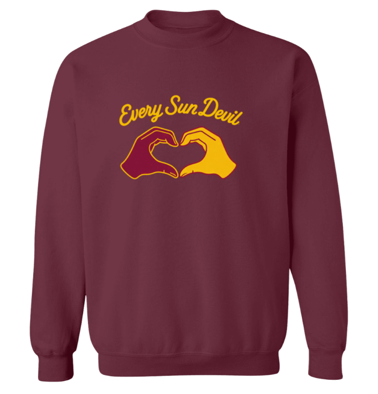 Maroon crewneck sweatshirt with “Every Sun Devi” text and a yellow hand-heart graphic on the chest