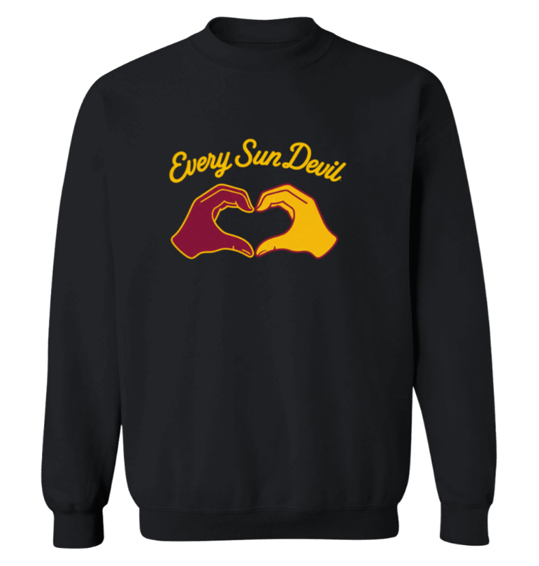 Black sweatshirt with yellow and red “EverySunDevi” text and two hands forming a heart