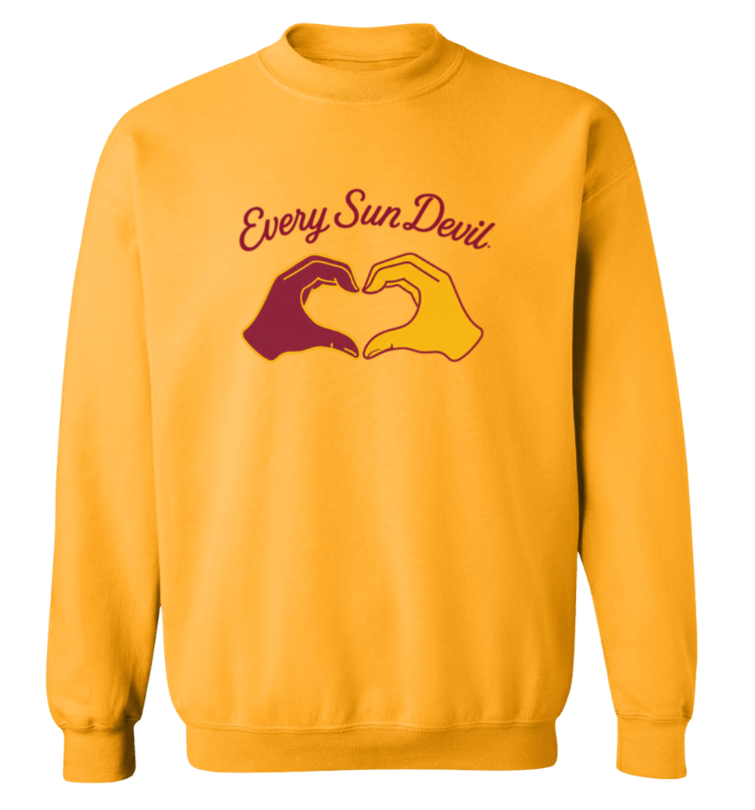 Mustard-yellow sweatshirt with maroon graphic text and two stylized hands forming a heart