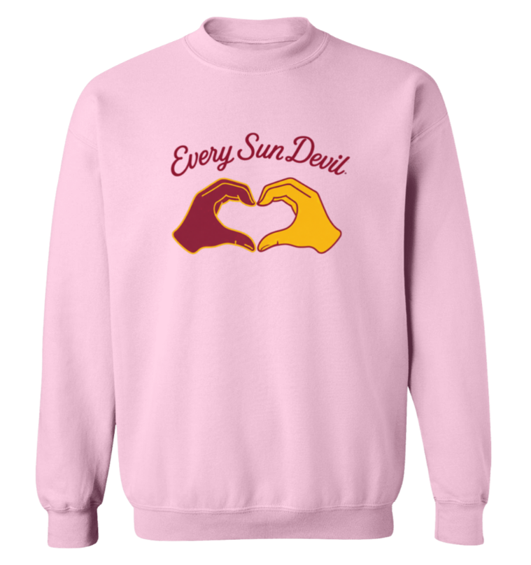 Light pink sweatshirt with "Every Sun Devil" text and a maroon-and-gold heart hands graphic