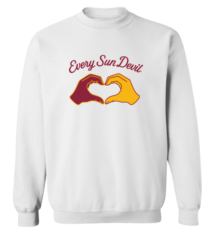 White sweatshirt with “Every Sun Devi” text and two stylized hands forming a heart in red and yellow.