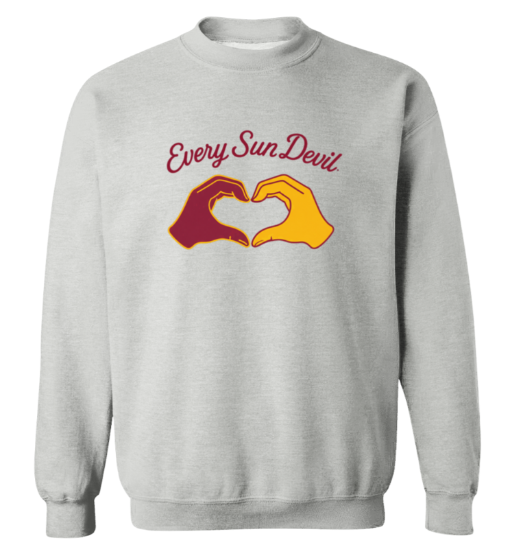 Gray sweatshirt with “Every Sun Devil” text above two hands forming a heart in maroon and gold