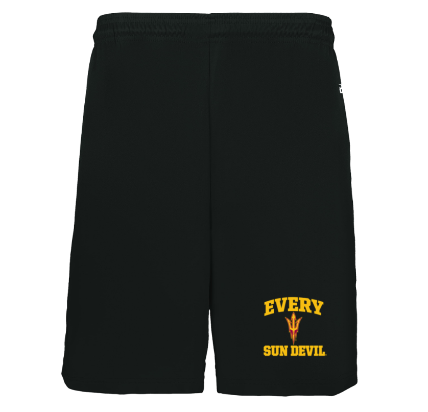 Black athletic shorts with yellow "EVERY SUN DEVIL" text on the leg