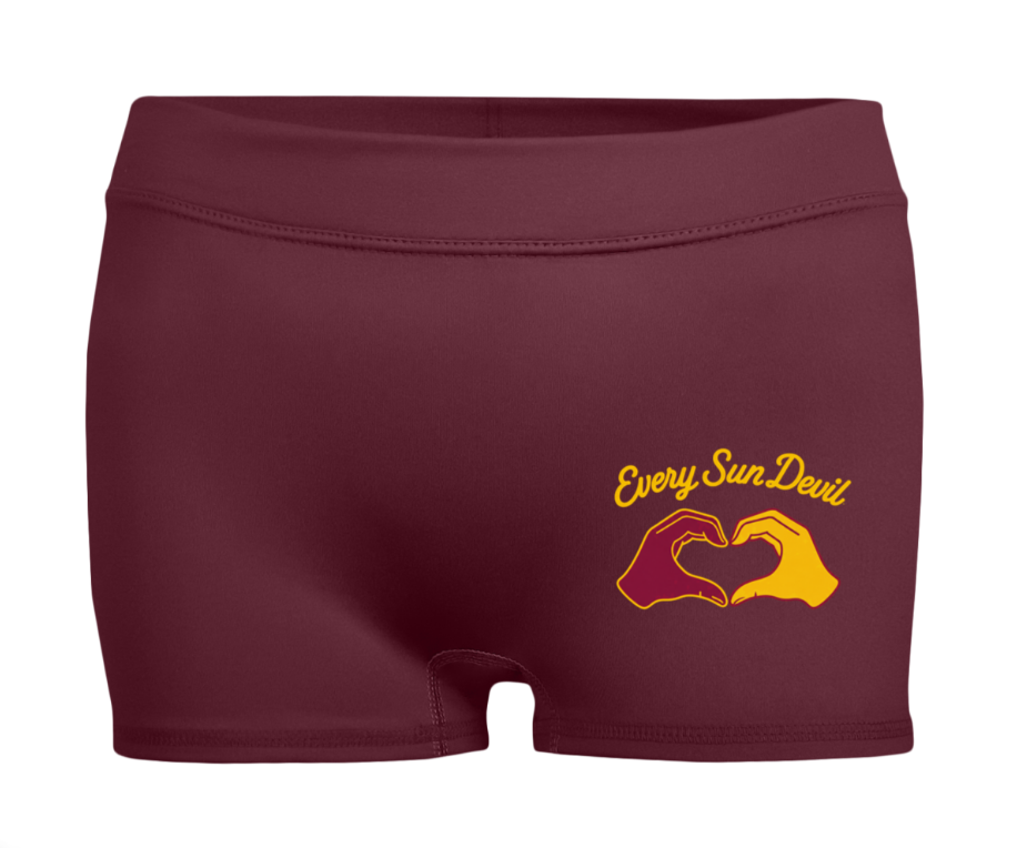 Maroon running shorts with yellow “Every Sun Devil” logo and hand-heart graphic