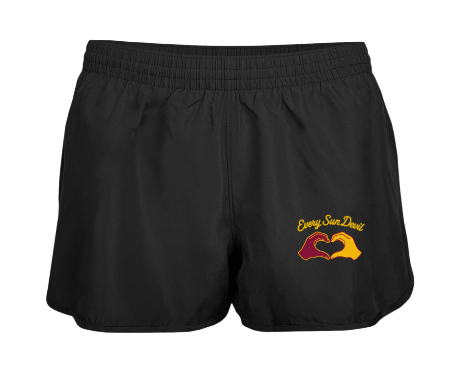 Black athletic shorts with a yellow-and-red logo on the left leg