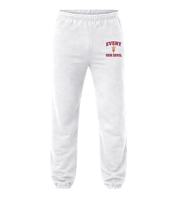 White jogger sweatpants with red text on the upper left thigh.