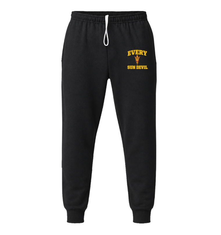 Black jogger pants with an elastic waist, white drawstring, and small yellow chest-style text on the left thigh