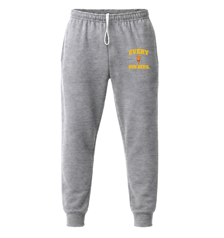 Gray jogger sweatpants with yellow chest print and white drawstring on a white background