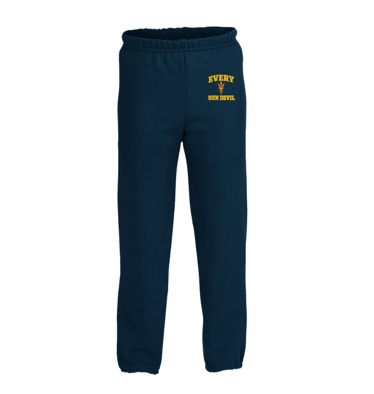 Black sweatpants with yellow logo text on the upper left leg.