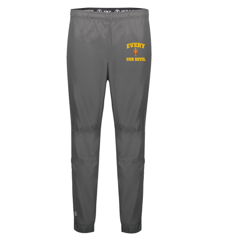 Gray athletic pants with yellow text on the right thigh, shown on a white background