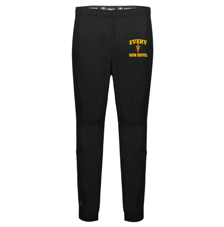 Black jogger pants with yellow text on the upper left leg and waistband