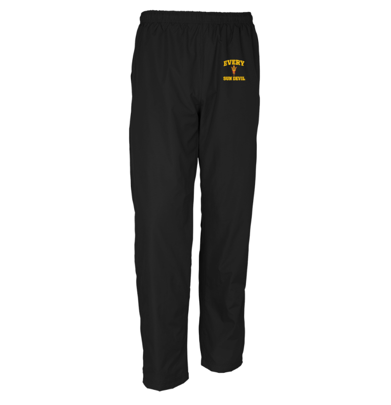 Black athletic pants with a small yellow logo on the upper leg
