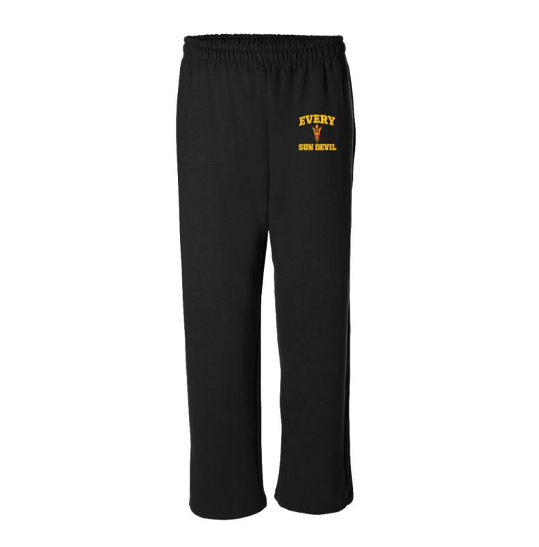 Black sweatpants with yellow text on the left thigh, displayed front view on a white background