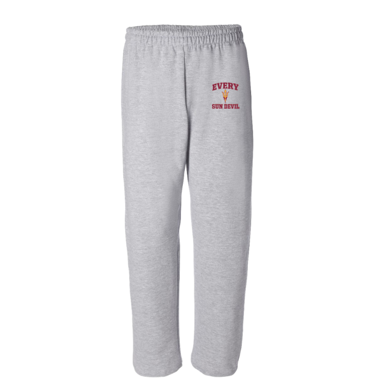 Gray sweatpants with red text reading “Every Day is Hump Day” on the left thigh