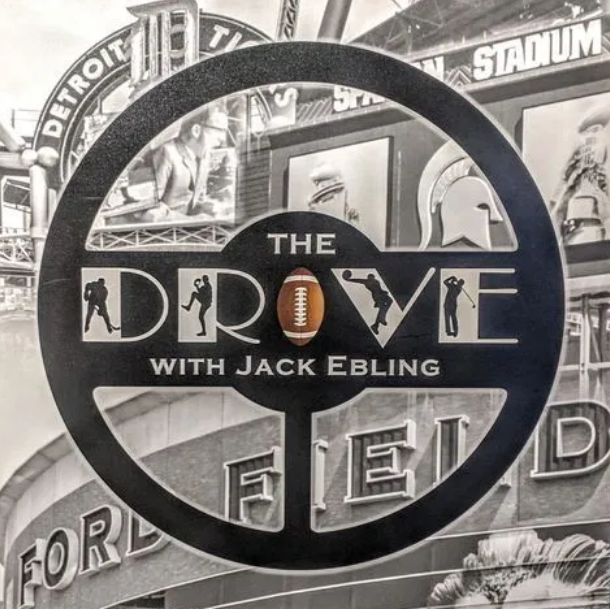 Black-and-white logo for “The Drive with Jack Ebling” over a collage of Detroit sports imagery