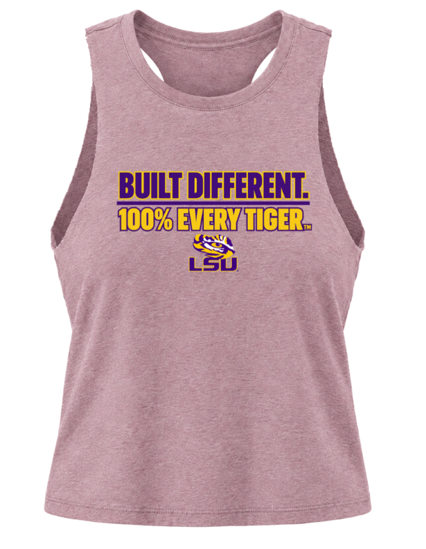 Pink LSU tank top with “Built Different. 100% Every Tiger.” text in purple and gold