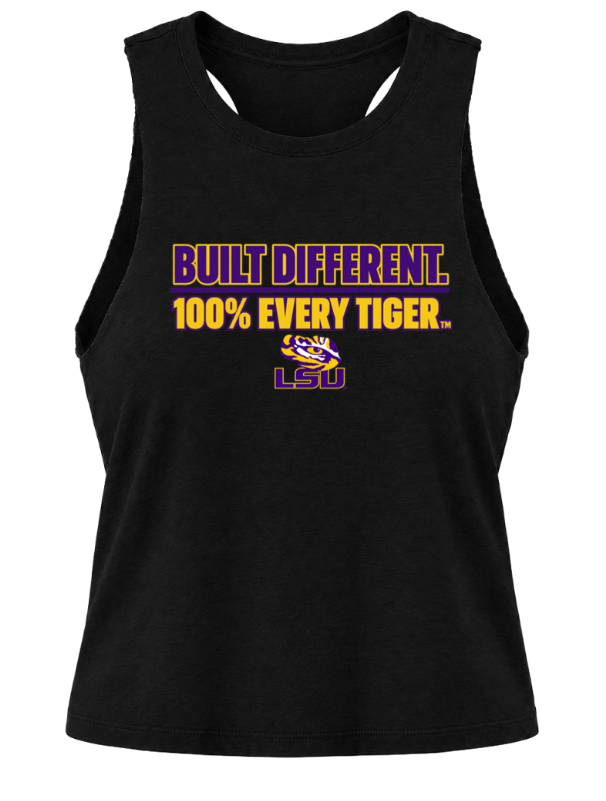 Black LSU tank top with purple and gold “Built Different. 100% Every Tiger.” text and LSU logo