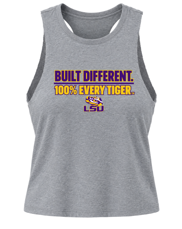 Gray tank top with purple and gold LSU “Built Different. 100% Every Tiger.” text