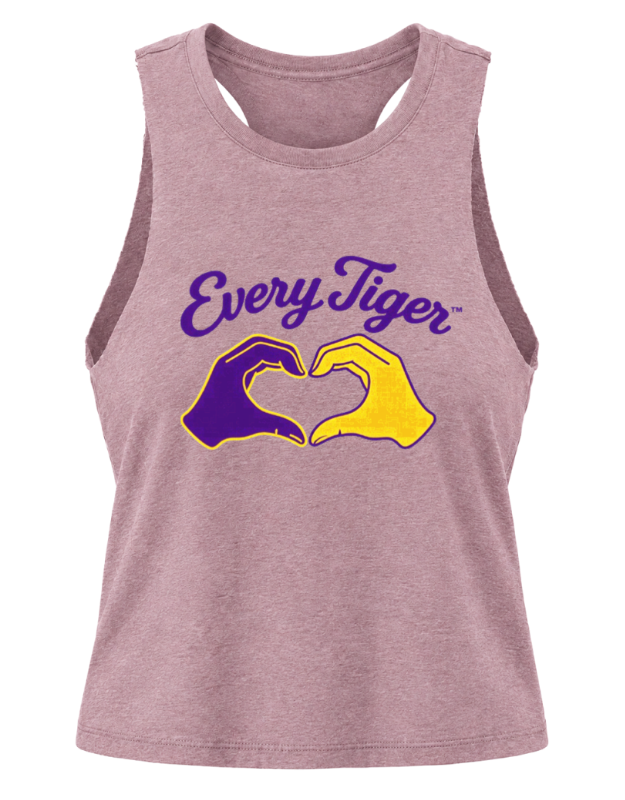 Pink tank top with purple and yellow heart-shaped tiger logo and “EveryTiger” text