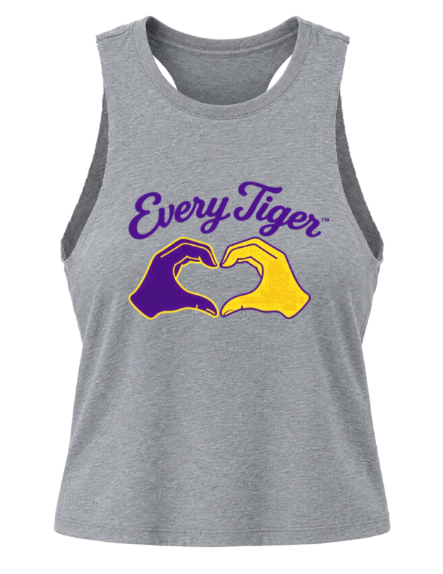 Gray tank top with purple and gold “Every Tiger” logo and two hands forming a heart