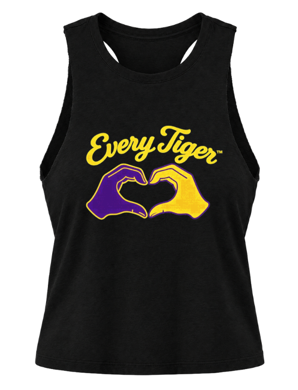 Black tank top with “Every Tiger” text and a purple-and-yellow hand graphic on the front