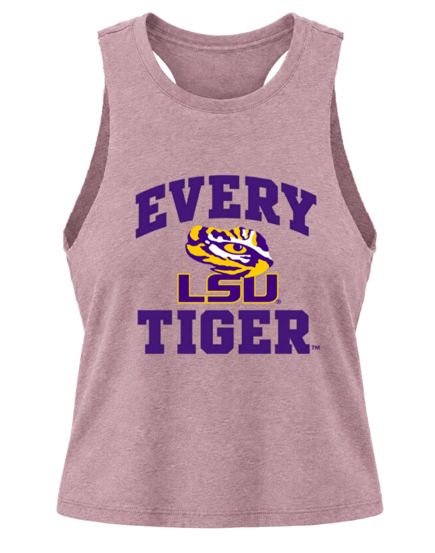 Pink LSU Tigers tank top with purple and gold text and tiger logo