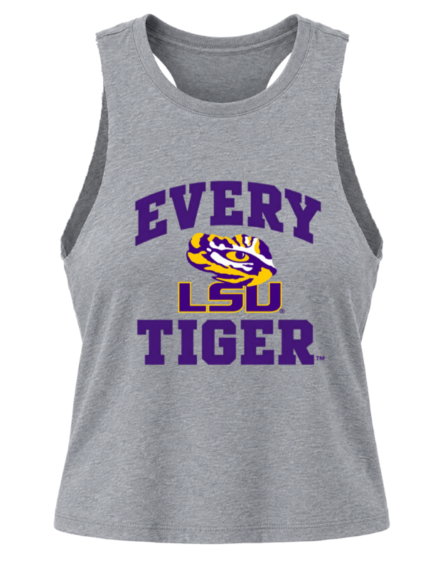 Gray sleeveless tank top with purple and gold “EVERY LSU TIGER” graphic and LSU tiger logo