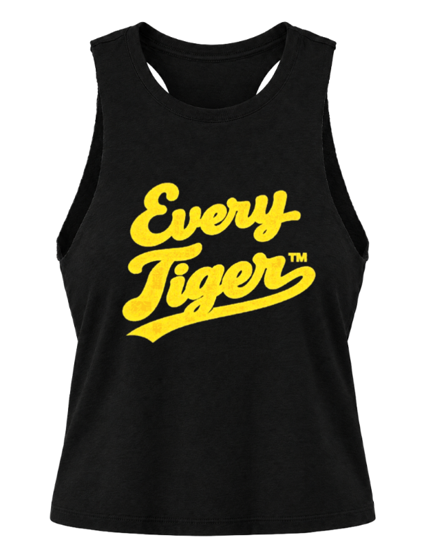Black tank top with yellow “Every Tiger” logo text on the front