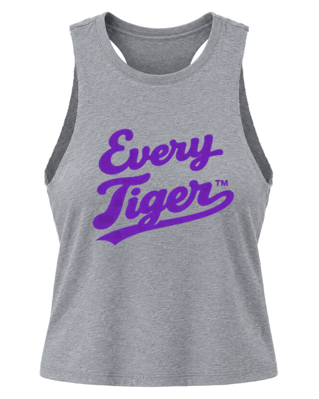Gray sleeveless tank top with purple "Every Tiger" lettering on the front