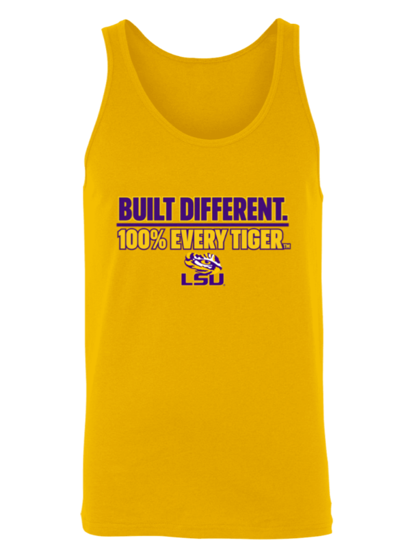 Yellow tank top with purple and white “Built Different” LSU slogan graphic
